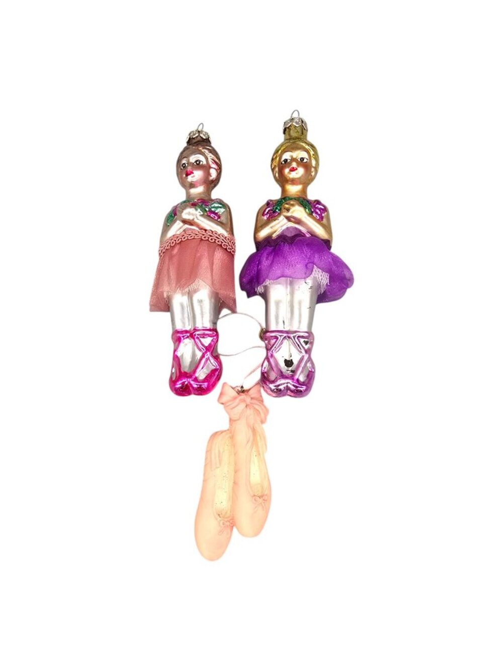 Vintage Ballerina Hand Blown Glass Christmas Ornaments Ballet Slippers Set Of 3